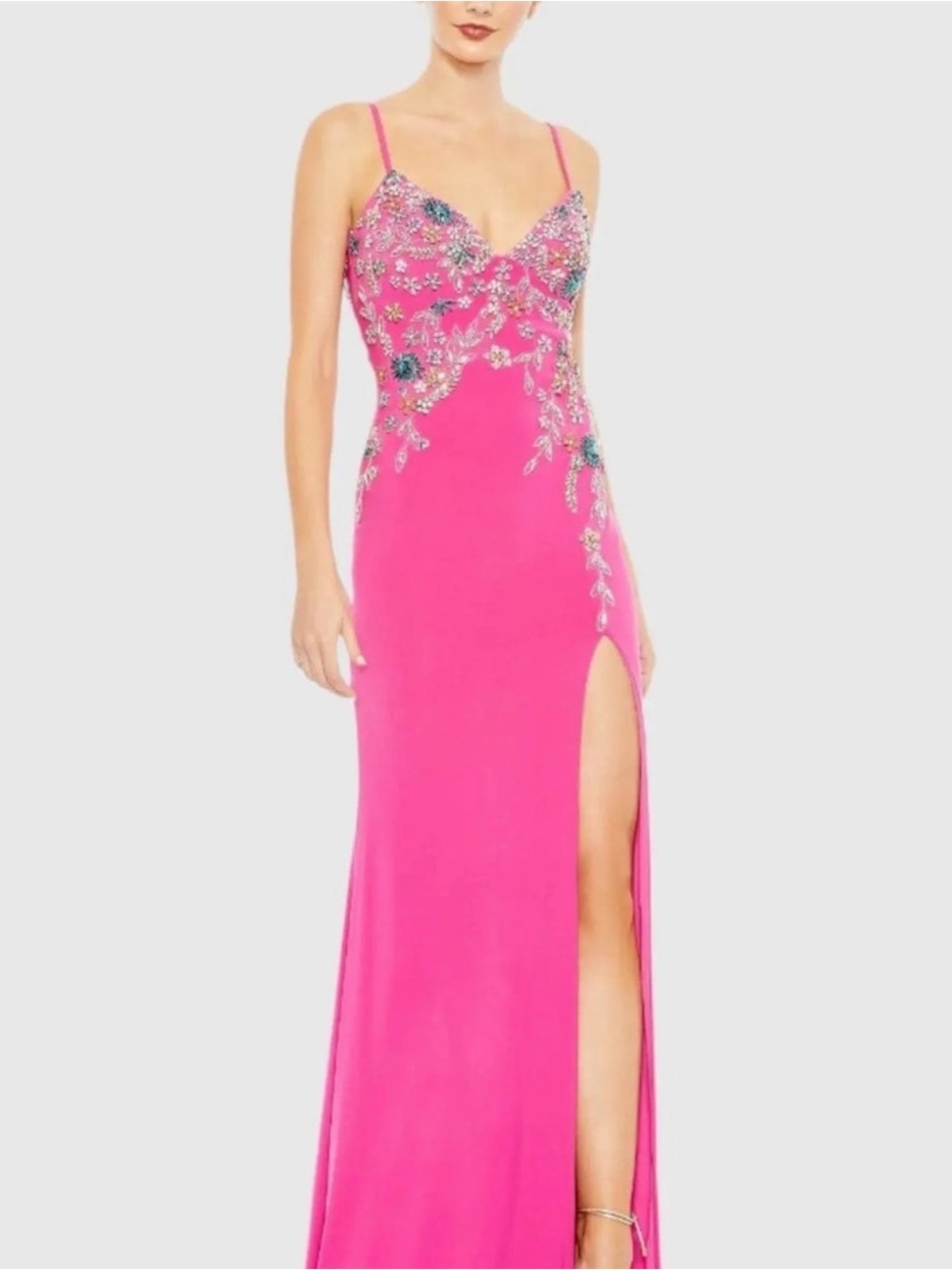 Mac Duggal Hot Pink Beaded Spaghetti-Strap Prom Gown